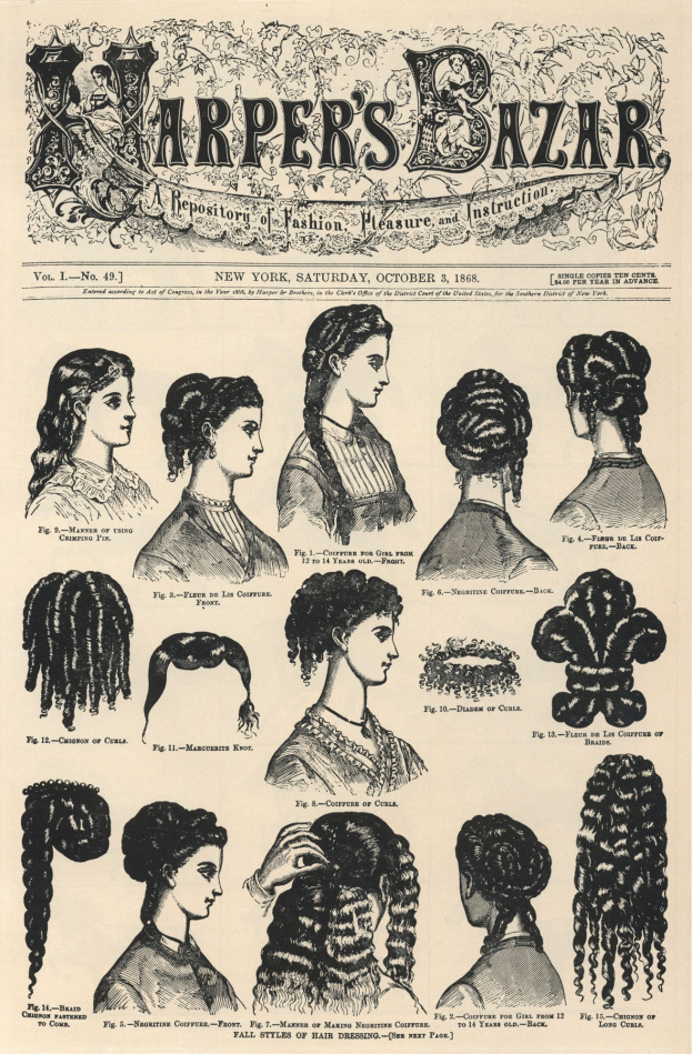 Ein Collage von Harper's Bazaar Zeitschriftausschnitten, die Frauen mit verschiedenen Frisuren zeigen, neben Text.