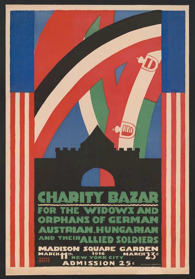 Ein Plakat für einen Wohltätigkeitsbasar, der die Witwen und Waisen von Soldaten verschiedener Nationen unterstützt, mit Text, der die Ereignisinformationen beschreibt.