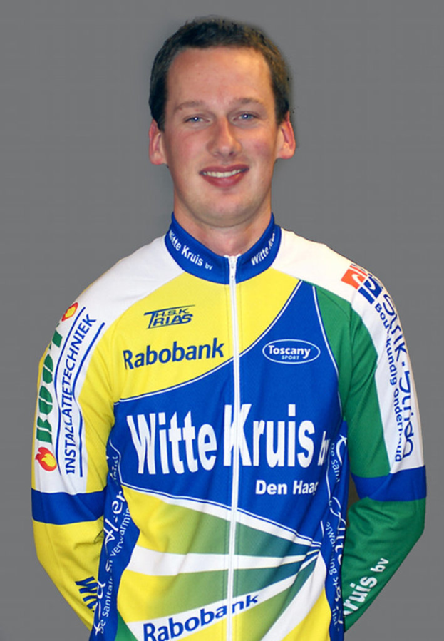 Ein Sportler in Pose vor der Kamera, dessen Trikot mit den Namen verschiedener Sponsoren bedruckt ist.