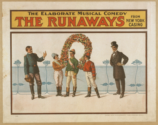 Plakat für "Elaborate Musical Comedy Runaways from New York Casino" mit einer Gruppe von Menschen in einer Reihe, einer Person mit einem Strauß und Werbetext.