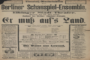 Eine alte Zeitungsanzeige aus dem Jahr 1866 für das Berliner Schauspiel-Ensemble, die einen Mann in Anzug und Krawatte zeigt.