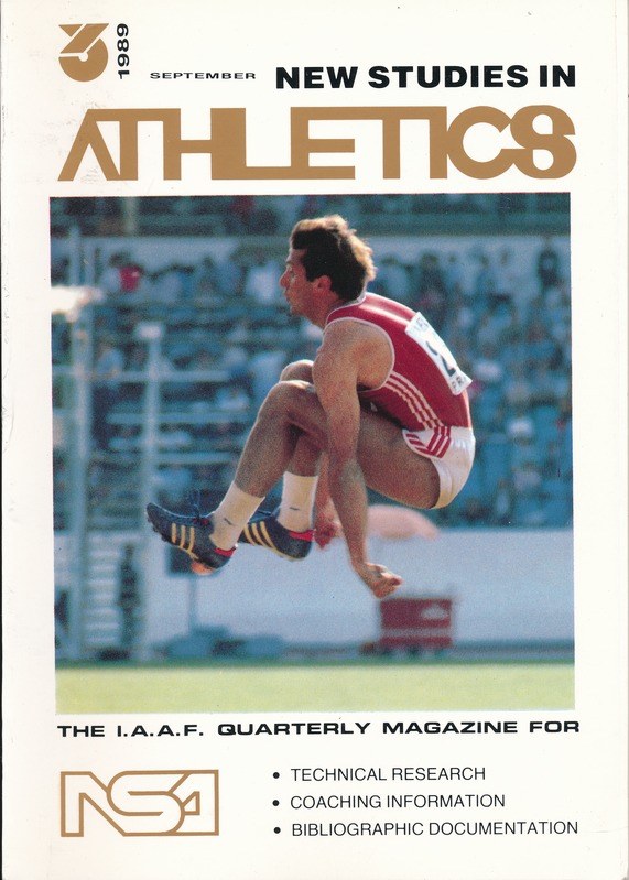 Titelbild eines Buches namens "New Studies in Athletics September 1989" mit einer Illustration eines Mannes in der Luft