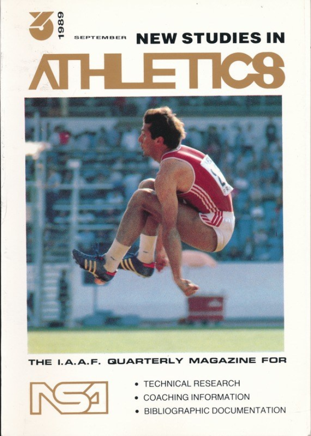 Titelbild eines Buches namens "New Studies in Athletics September 1989" mit einer Illustration eines Mannes in der Luft