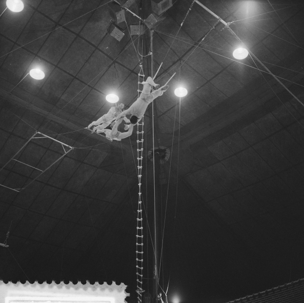Schwarzes und weißes Foto von zwei Akrobaten, die an einem Trapez in einem Zirkus auftreten, mit Zuschauern und Deckenlampen
