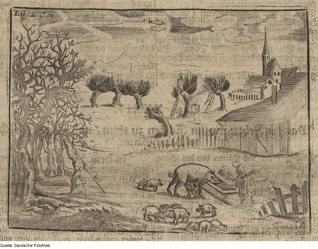 Gravur einer Bauernszene mit Schweinen und einem Mann im Vordergrund, umgeben von Bäumen, Häusern und einem Zaun sowie Text unten.