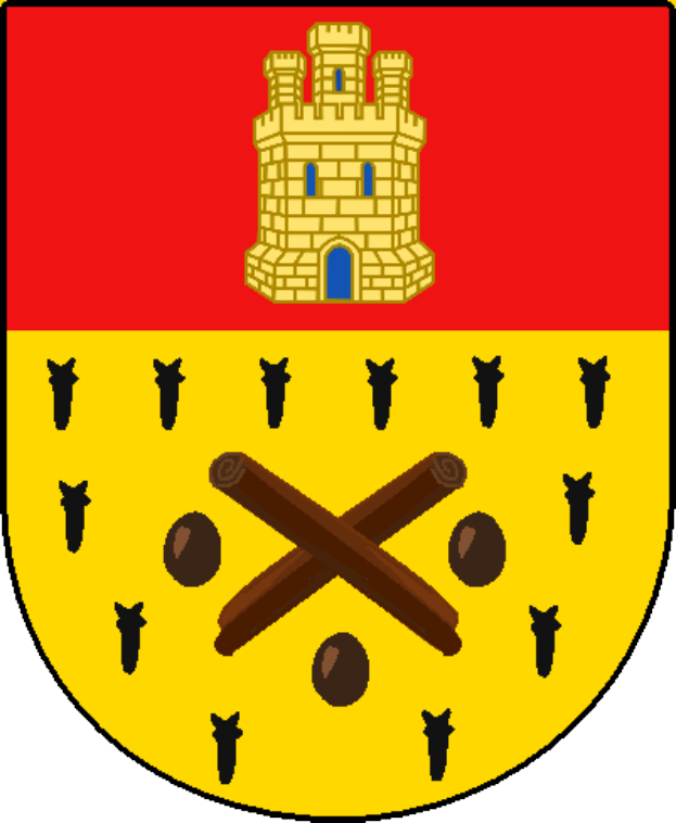 Das Wappen von Heidelberg, Deutschland, zeigt ein zentrales Gebäude auf rot-gelb-schwarzem Hintergrund mit historischen und kulturellen Objekten unten.