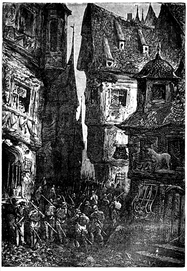 Eine Schwarz-Weiß-Zeichnung einer Straßenszene mit Menschen im Vordergrund, Gebäuden im Hintergrund und Text unten mit der Aufschrift "Die Schlacht von Stuttgart".
