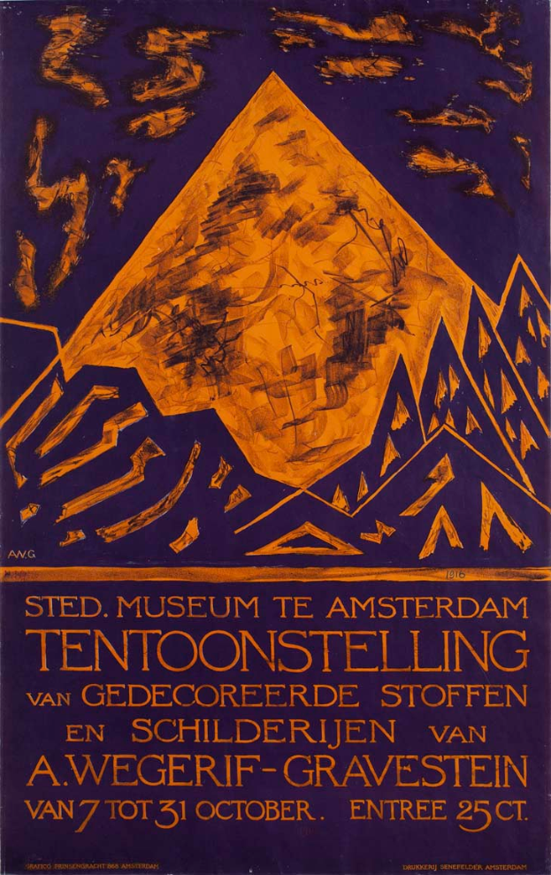 Ein Plakat, das ein Museum in Amsterdam ankündigt, mit einem Bild und Text über eine Ausstellung.