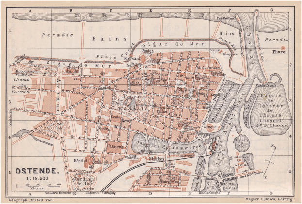 Ein detaillierter alter Stadtplan von Ostende, Deutschland, der Straßen, Gebäude, Sehenswürdigkeiten und Text enthält, der Informationen über die Bevölkerung, Sehenswürdigkeiten und Straßen der Stadt bereitstellt.