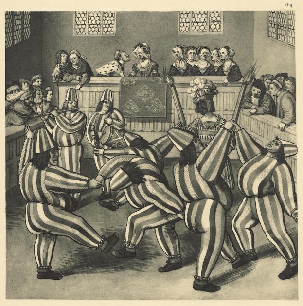 Eine Schwarz-Weiß-Zeichnung von Menschen in gestreifter Schlafanzugbekleidung, die in einem Raum mit einer Wand und Fenstern im Hintergrund tanzen, mit dem Text "William Hogarth - The Court of the Court of England" unten.