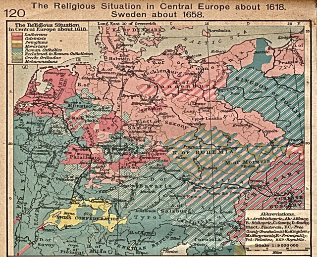 Eine historische Landkarte von Mitteleuropa aus dem Jahr 1618, die die religiöse Landschaft der Region mit detaillierten Anmerkungen darstellt.