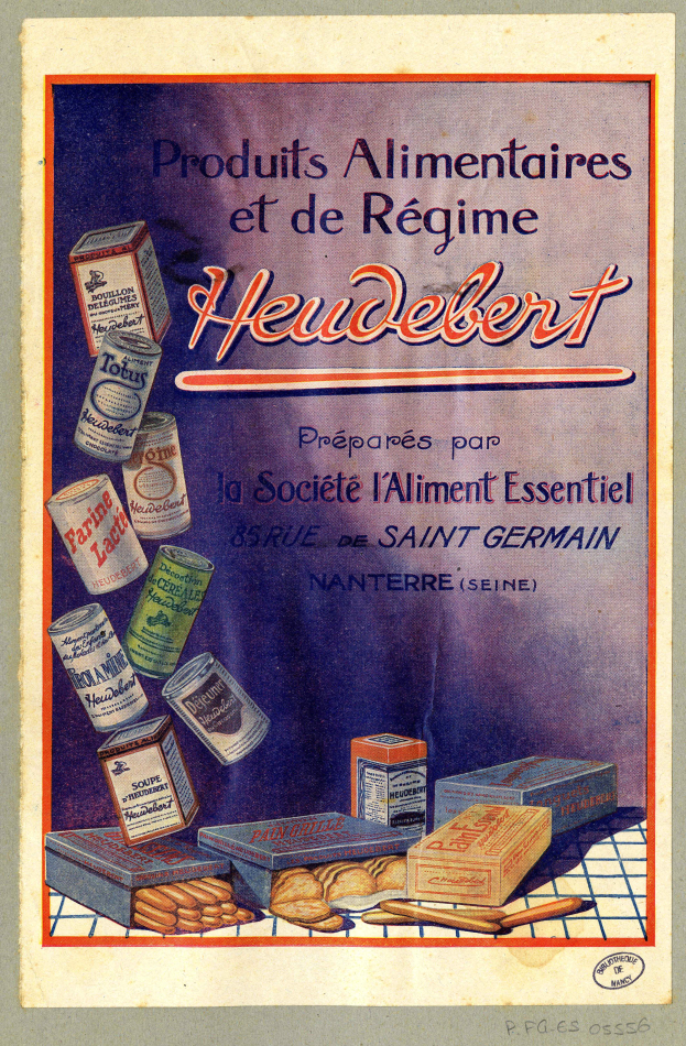 Ein Plakat mit verschiedenen Lebensmitteln, darunter Schachteln, mit dem Text "Heidelberg - Produkte Alimentaires et de Rgime Heidelberg".