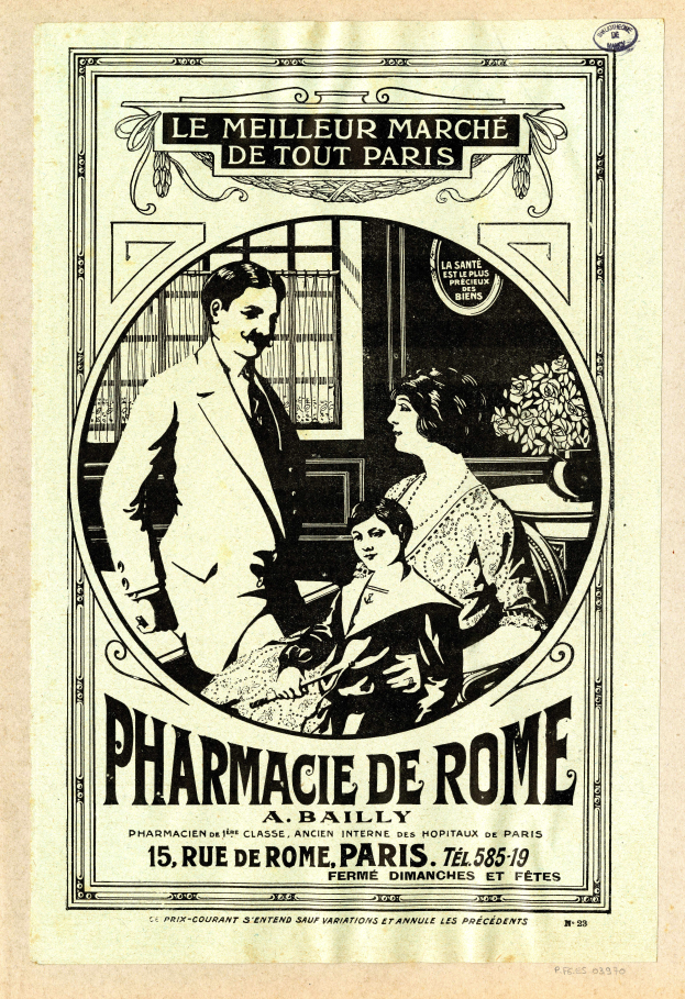 Eine alte Werbung für eine Apotheke in Rom, die einen Mann und eine Frau nebeneinander zeigt, mit Text, der die Apotheke und ihre Dienstleistungen beschreibt.