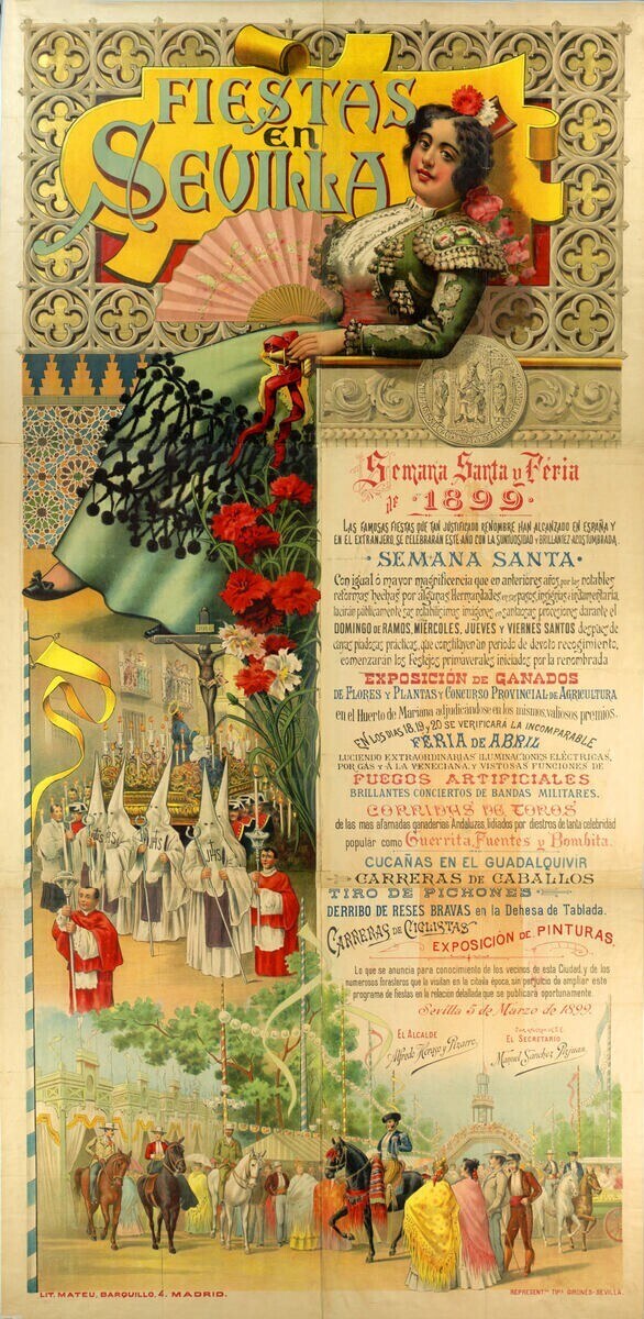 Plakat für ein Fest in Sevilla, Spanien, mit einer Frau in traditioneller Kleidung umgeben von Menschen, Pferden, Bäumen, Blumen und Text.