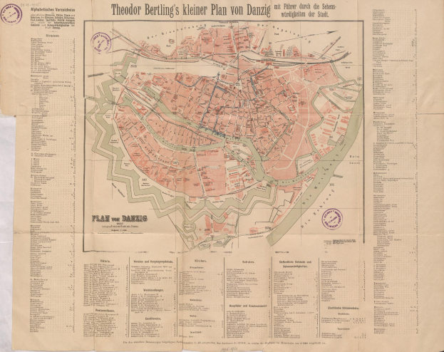 Ein alter, detaillierter Stadtplan von Berlin auf Papier, der Straßen, Gebäude und Sehenswürdigkeiten zeigt.