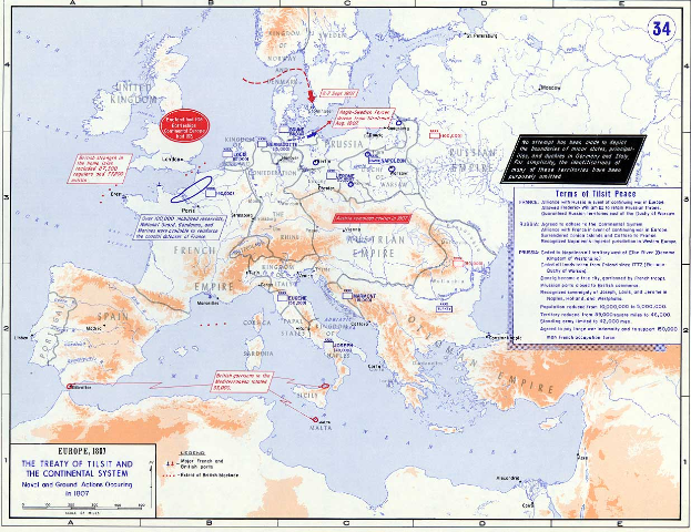 Eine detaillierte Karte von Europa während des Vertrags von Tilsit und des Kontinentalen Systems im Jahr 1807, die Länder, Regionen und das Ausmaß des Römischen Reichs zeigt, mit begleitendem Text über die Absicht und Bedeutung des Vertrags.