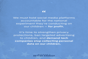 Ein Plakat mit einem Zitat aus 'Building a Better America', das lautet: 'Wir müssen soziale Medien-Plattformen für das nationale Experiment zur Rechenschaft ziehen, das sie an unseren Kindern durchführen - zum Profit.'