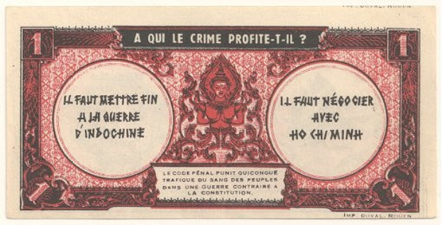 Ein altes französisches Banknoten mit einem ernst aussehenden Mann im Anzug, der Text "A qui le crime profite-il?" und ein weißer Hintergrund mit einem schwarzen Rand.