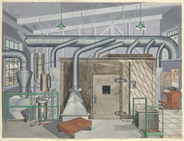 Ein detailliertes Innenansicht-Diagramm einer industriellen Fabrik, das eine mittlere große Maschine, umgeben von verschiedenen Maschinen, Rohren, einer Tür, einem Wagen, einem Tisch, einem Stuhl, einem Anschlagbrett mit der Aufschrift "American Foundry Equipment Co, Indiana", Fenstern und Deckenlampen zeigt.