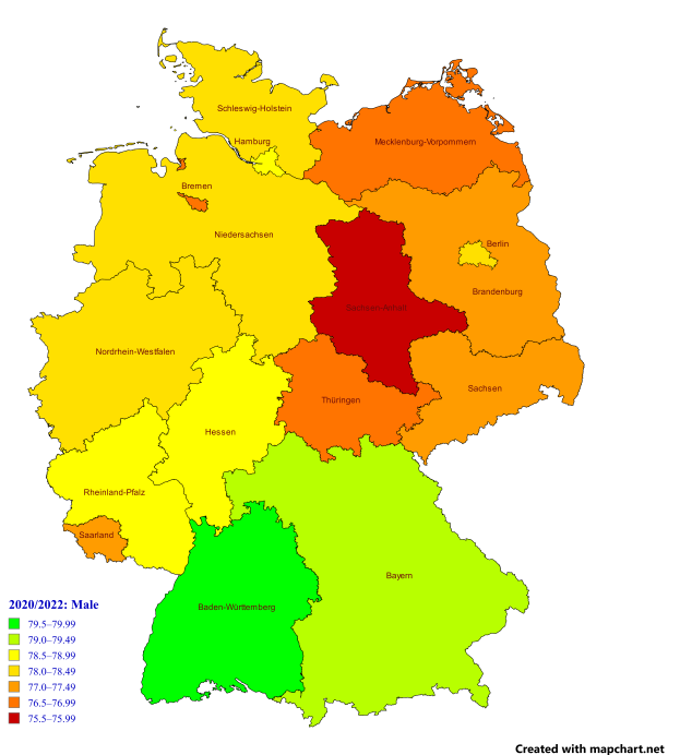 Eine Deutschlandkarte mit verschiedenen Farben, die den prozentualen Anteil der Bevölkerung in jedem Gebiet anzeigen, begleitet von beschreibendem Text auf der linken Seite.
