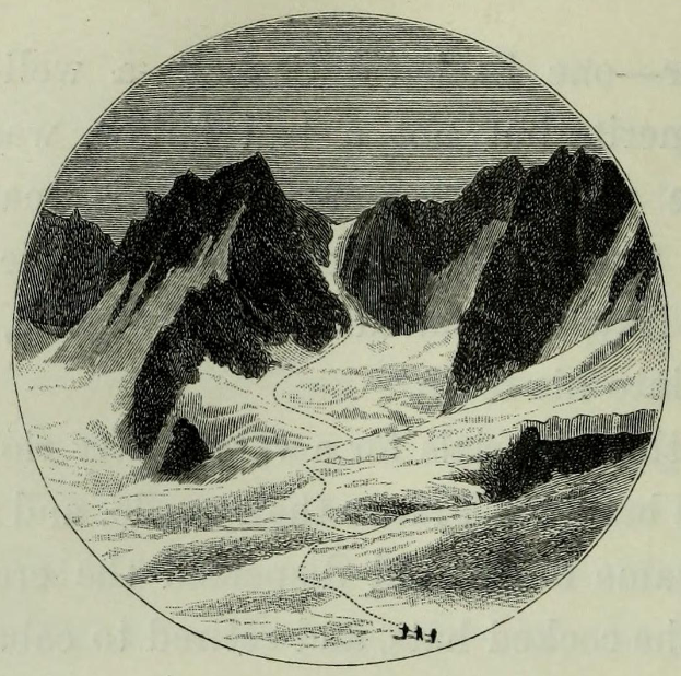 Eine Schwarzweiß-Radierung von einer schneebedeckten Gebirgskette mit einem Fluss, unter einem klaren Himmel, mit der Beschriftung "Alpine Skiing in Switzerland" unten.