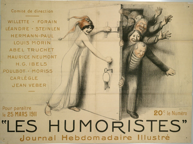 Plakat an einer Gebäudewand mit der Aufschrift "Les Humoristes Journal Hebdomadaire Illustré", das eine farbenfrohe, fröhliche Gruppe von lachenden und lachenden Menschen zeigt.