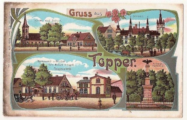 Alte Ansichtskarte, die eine deutsche Stadt mit Gebäuden, Bäumen, Menschen, Wagen, einer Statue, einem Zaun und einem bewölkten Himmel zeigt, mit handgeschriebener Text auf der Vorderseite.