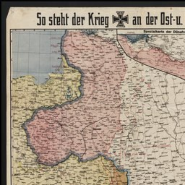 Ein gerahmtes Deutschland-Karte mit der Überschrift "So Steht der Krieg an der Ost-U" darauf.