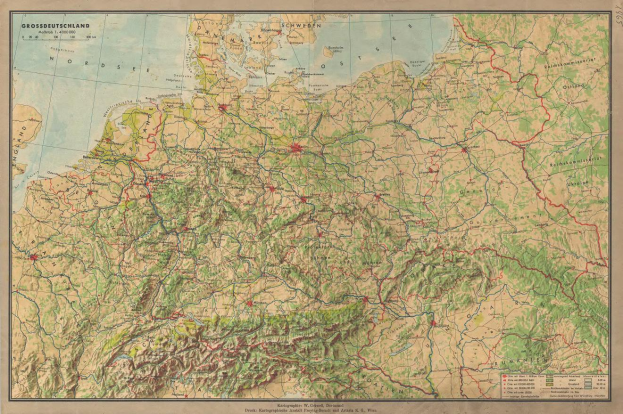 Ein detailliertes altes Deutschland-Karte, das Straßen, Autobahnen und geografische Merkmale zeigt.