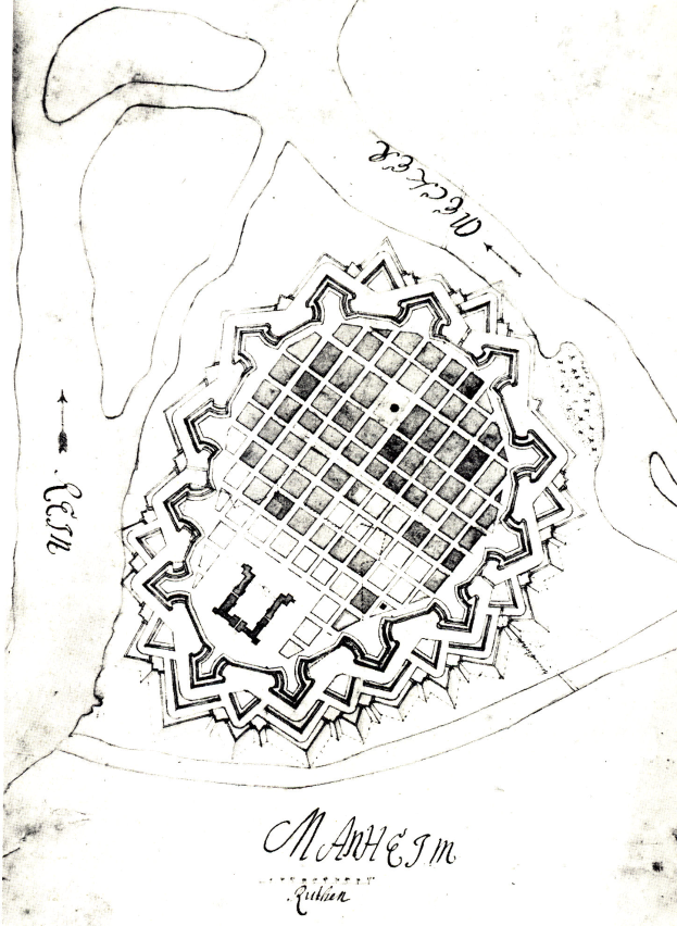 Eine Schwarz-Weiß-Zeichnung einer Stadtkarte mit einem zentralen Platz, begleitet von Text, der das Stadtlayout und -merkmale beschreibt.