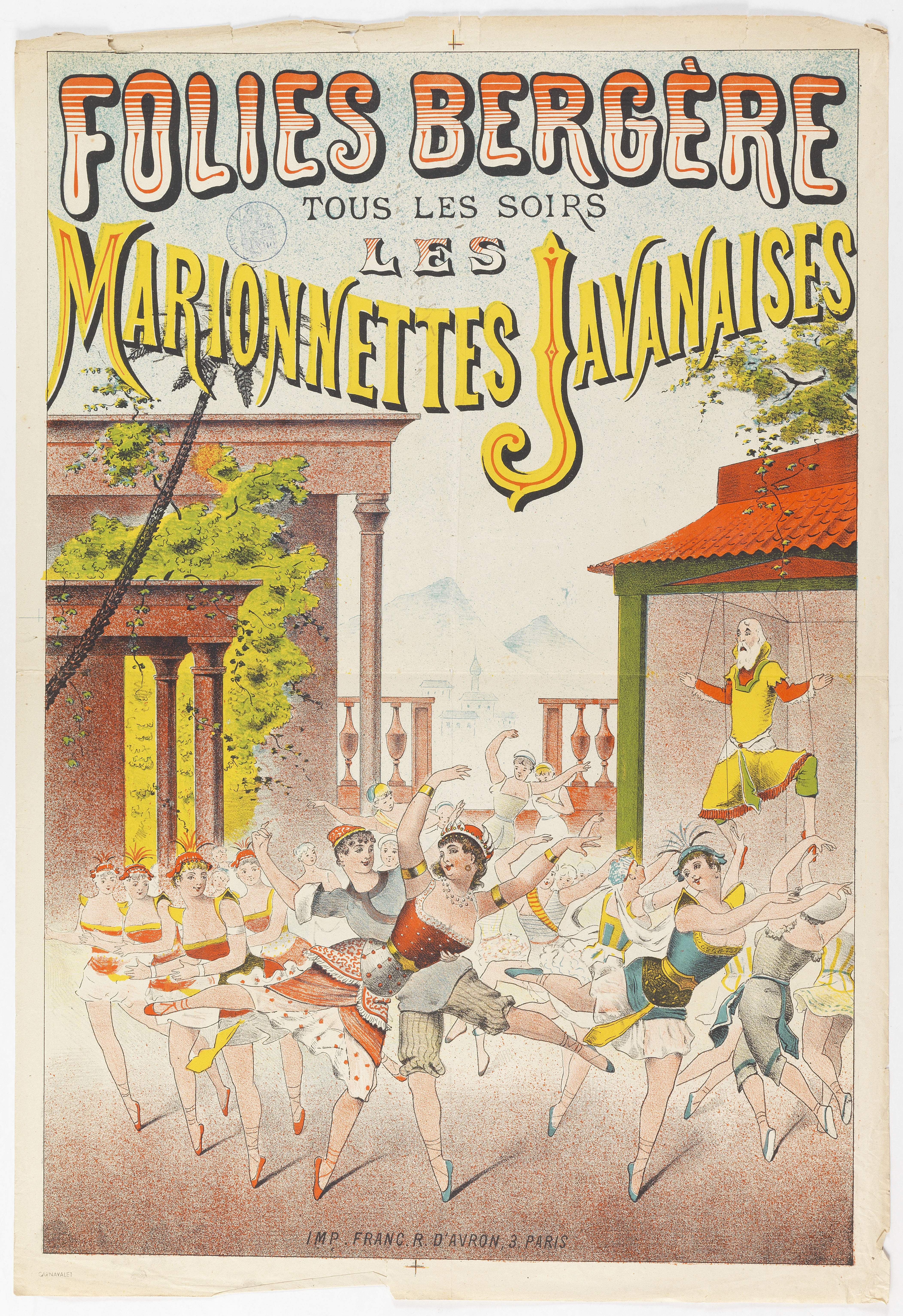 Ein Plakat, das eine Tanzshow in Paris, Frankreich, bewirbt, mit einer Gruppe von Menschen im Vordergrund, die tanzen, und einem Gebäude, Bäumen und Himmel im Hintergrund, sowie Text auf dem Plakat.