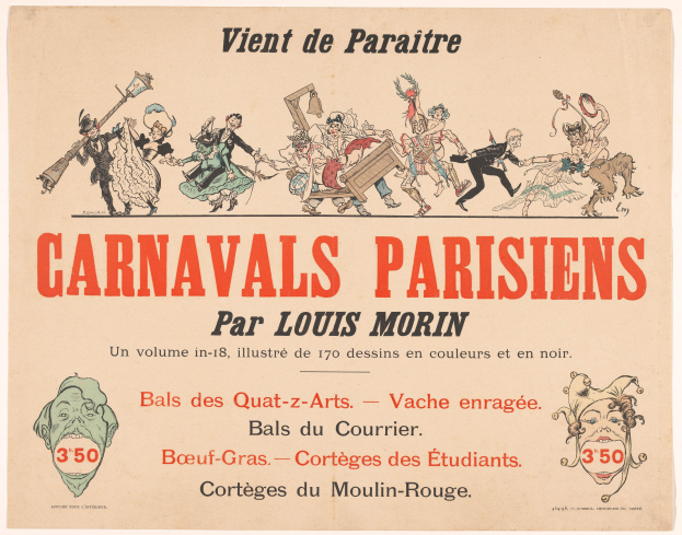 Ein Blatt mit der Überschrift "Carnivals Parisiens par Louis Morin" in fetter Schrift, das farbenfrohe, detailreiche Entwürfe von Menschen in bunten Kostümen und Masken bei einer lebhaften Karnevals Szenerie zeigt.