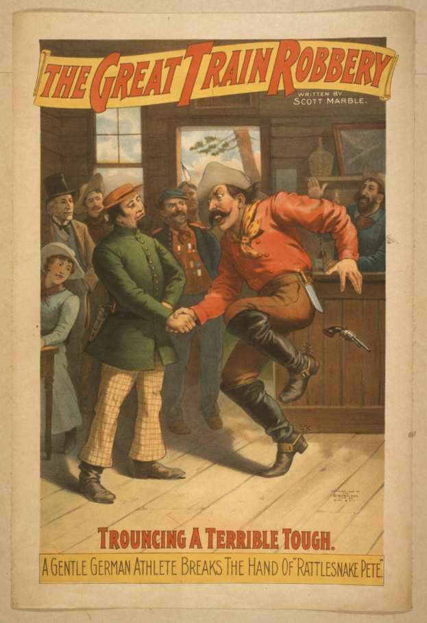 Plakat zeigt eine Gruppe von Menschen auf einem Boden mit einer Person, die eine Waffe hält, ein Fenster und eine Wand im Hintergrund und Text, der "The Great Train Robbery - Tough a Terrible Tough" oben und unten liest.