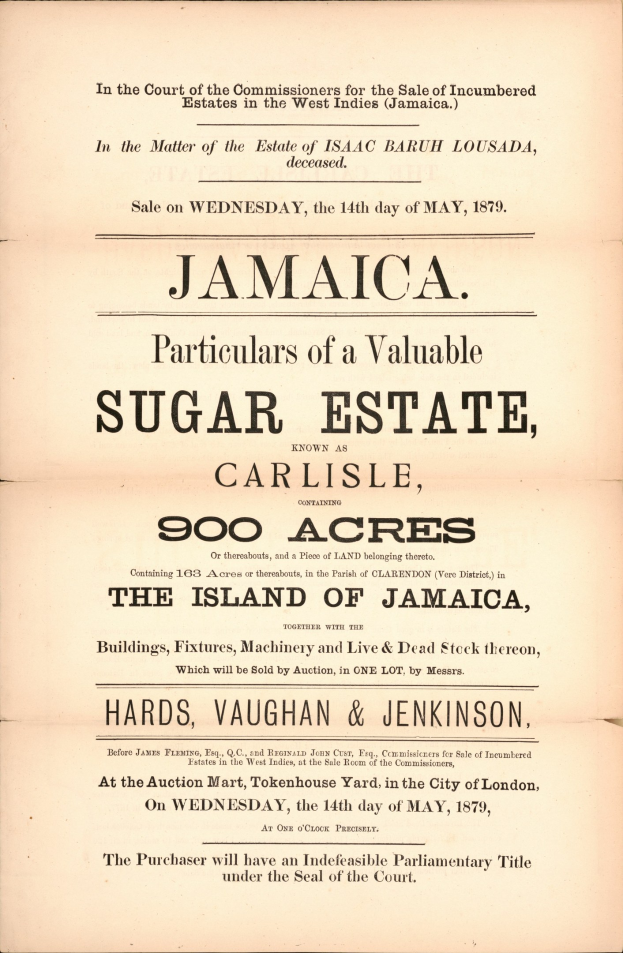 Titelblatt eines alten Buches mit dem Titel "Jamaica: Particulars of a Valuable Sugar Estate, Carlisle, 900 Acres, The Island of Jamaica."
