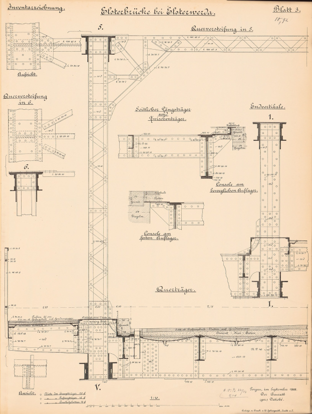 Schwarz-weiß-Illustration einer Brücke im Bau mit detaillierten architectural plans and text on the page.