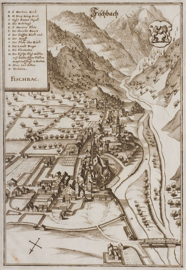 Alte Karte von Fischbach, Deutschland, mit H├Ąusern, B├Ąumen, Hügeln, einem gewundenen Fluss und Text mit einem Logo auf altem Papier.