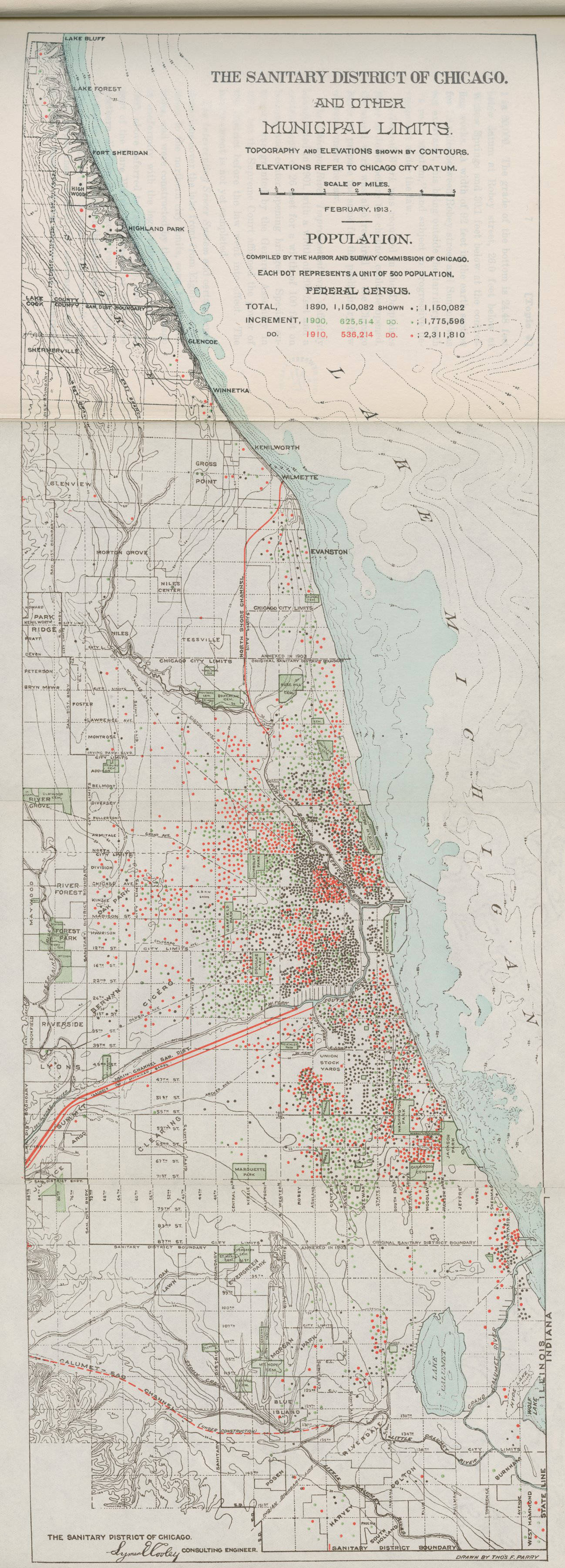 Ein altes Kartenbild des Sanitätsbezirks von Chicago mit Text, der die städtischen Grenzen der Stadt beschreibt.