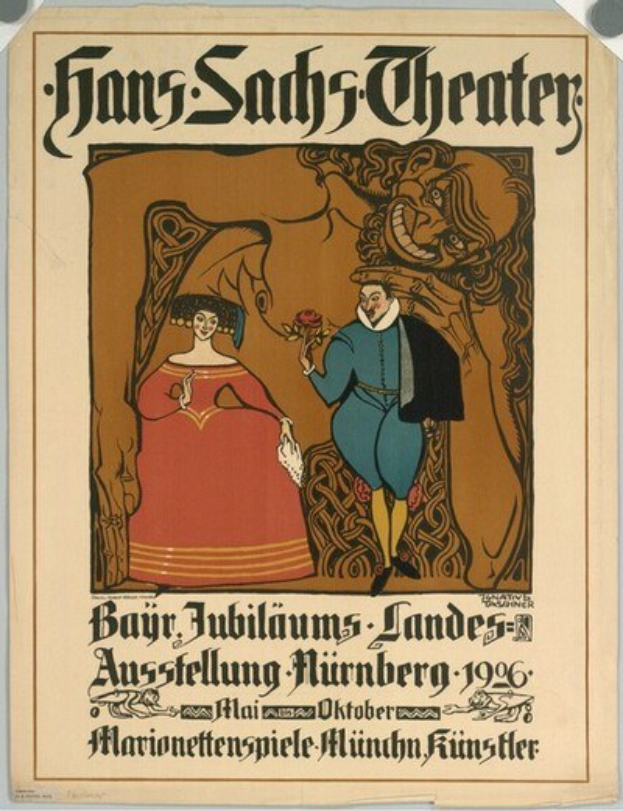 Plakat für das Hans-Sachs-Theater in München, Deutschland, mit einem Mann im Anzug und einer Frau im Kleid nebeneinander auf einem tiefblauen Hintergrund mit Sternen.