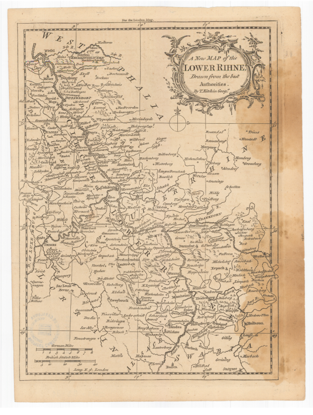 Ein detailliertes altes Kartenbild des Niederrhein-Gebiets, das Flüsse, Berge und Städte mit Text in einer klassischen Schriftart zeigt.