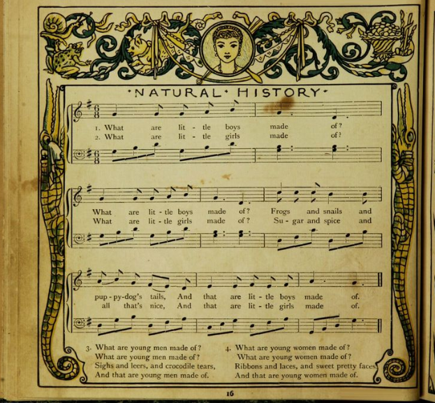 Ein aufgeschlagenes Buch mit einer Zeichnung eines Frauenkopfs, gefüllt mit Text und Musiksymbolen, das auf ein Naturgeschichtebuch hindeutet.