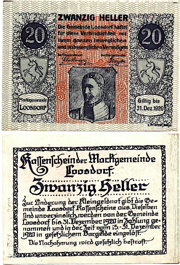 Eine alte deutsche Banknote mit einem Mann in einem Anzug mit ernster Miene, beschriftet mit "Zwanzig Heller".