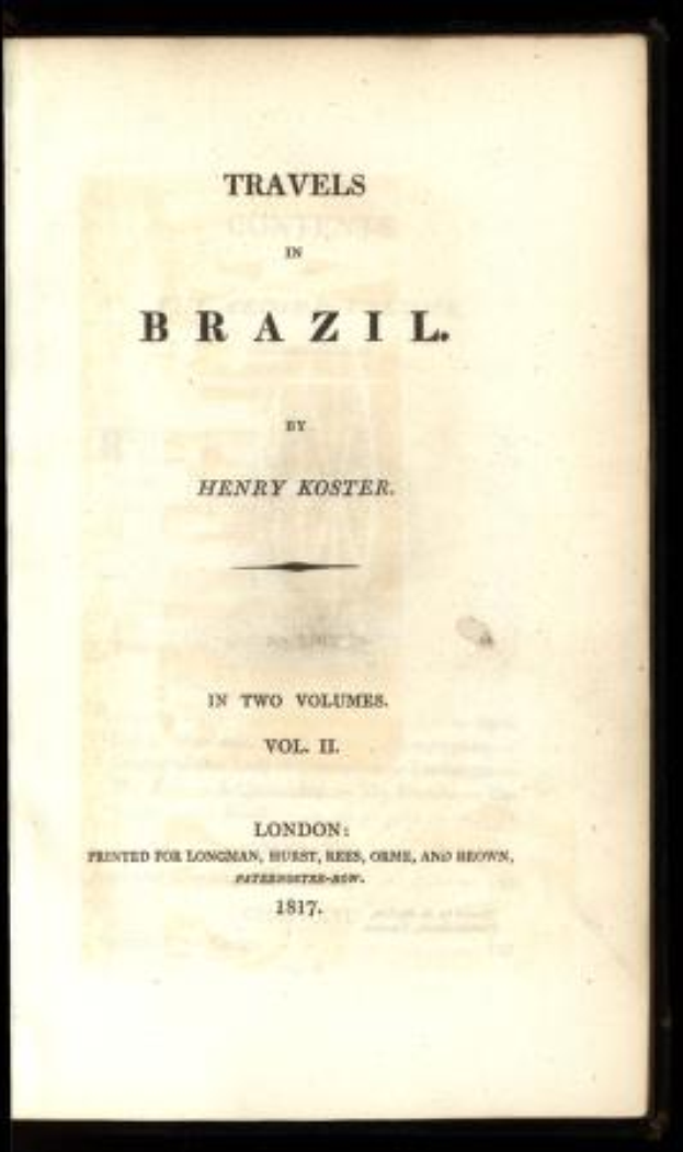 Ein aufgeschlagenes Buch mit dem Titel "Reisen in Brasilien von Henry Koster" und einer detaillierten Illustration einer Landkarte von Brasilien auf einer Seite, die vor einem hellblauen Himmel mit vereinzelten weißen Wolken liegt.