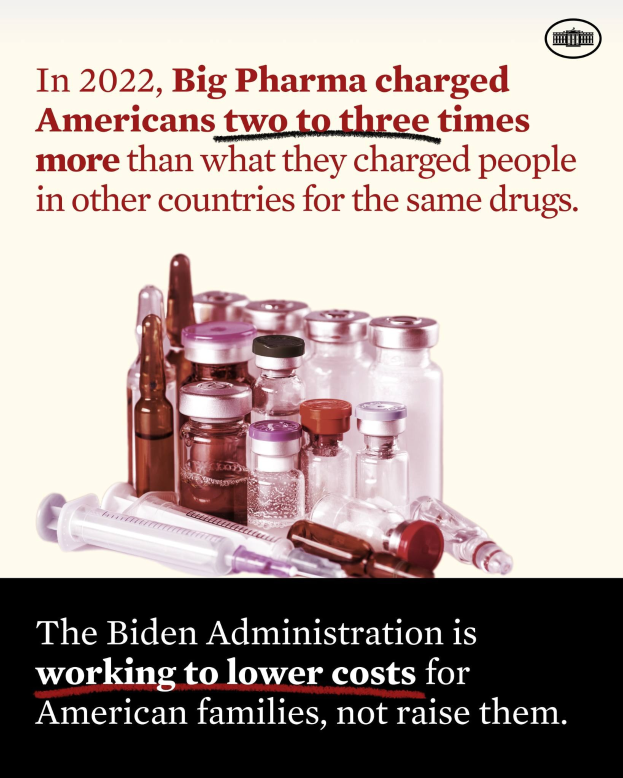 Ein Plakat mit dem Text, dass Big Pharma 2022 Amerikaner zwei bis drei Mal so viel für dieselben Medikamente berechnet hat wie in anderen Ländern, zusammen mit Bildern von Medikamentenflaschen und einer Spritze.
