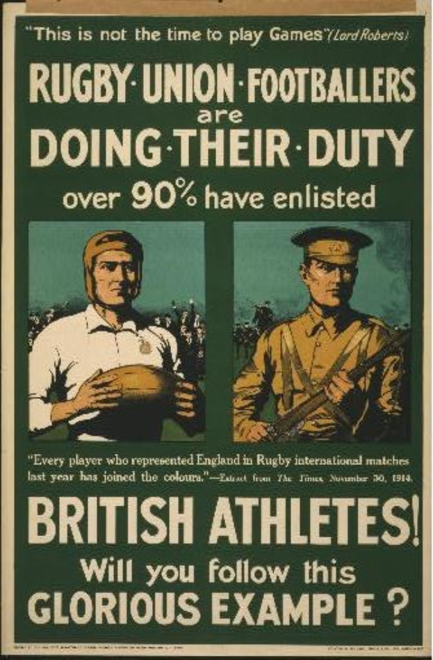 Ein Plakat mit zwei Rugbyspielern in Uniform, mit Text, der wahrscheinlich die Weltkriegsverpflichtung und -pflichten britischer Athleten beschreibt.