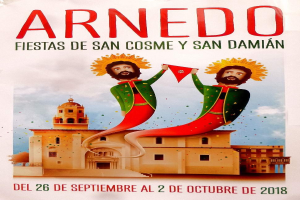 Plakat für das San-Cosme- und San-Damian-Fest mit zwei Personen vor einem Gebäude unter einem bewölkten Himmel, einschließlich Text über das Ereignis.