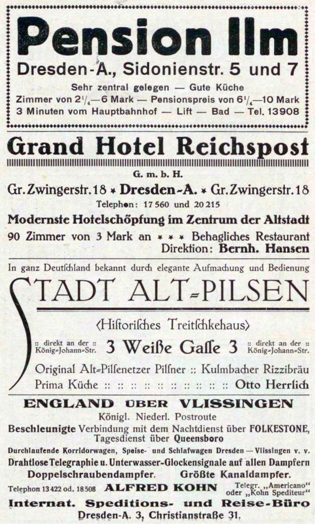 Schwarzer Text auf weißem Hintergrund Werbung für die Pension in Dresden, Deutschland.
