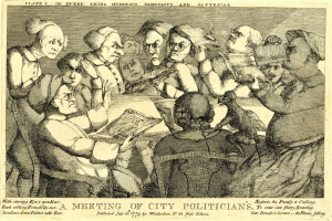 Eine Gruppe von Menschen sitzt um einen Tisch, einer hält ein Buch in der Hand, einige sind in ein Gespräch vertieft und andere schauen auf das Buch; Text unten lautet "Eine Sitzung von Stadtpolitikern."