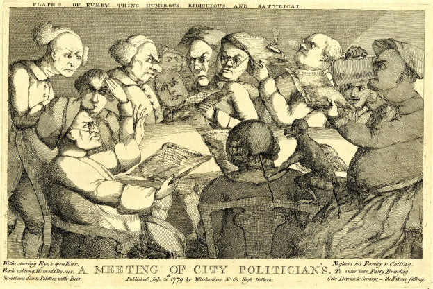 Eine Gruppe von Menschen sitzt um einen Tisch, einer hält ein Buch in der Hand, einige sind in ein Gespräch vertieft und andere schauen auf das Buch; Text unten lautet "Eine Sitzung von Stadtpolitikern."