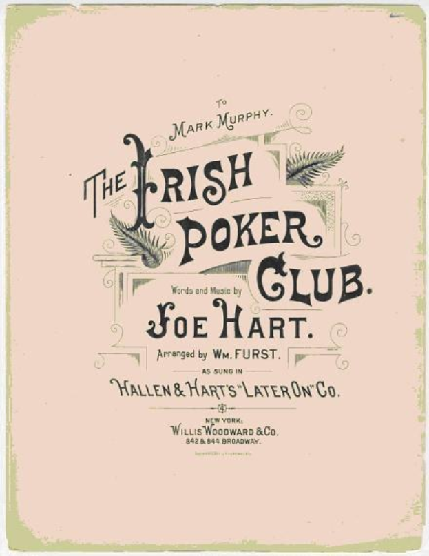 Ein gerahmtes Plakat mit "The Irish Poker Club" in fetter schwarzer Schrift auf einem weißen Hintergrund, umrandet von einer dünnen schwarzen Linie, mit einer bunten Kleeblatt-Illustration.