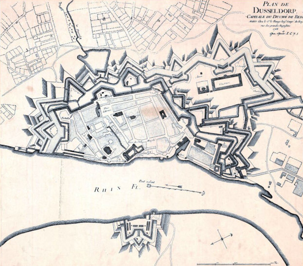 Detailierte Stadtplan-Poster von Düsseldorf, Deutschland, zeigt Straßen, Gebäude, Sehenswürdigkeiten und Text mit Bevölkerungszahl, Geschichte und kulturellen Informationen.